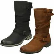 Ladies Rieker Buckle Detail Zip Fleece Lined Calf High Synthetic Boots 98860