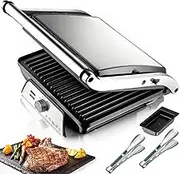 Electric Steak Grill Maker,2000W Stainless Steel Electric Sandwich Maker，Double Up Down Grooved with Drip Tray - Temperature Control，Panini Press Grill for Hamburgers, Steaks, Bacons