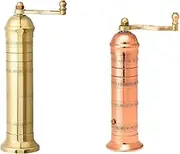 The European Authentic Greek 2-Piece Mixed Brass & Copper set: Gold Brass Salt Mill Grinder 9" / 9-inch & Copper Pepper Mill 7.5" / 7.5-inch Elegant- Absolutely Exquisite Luxury Kitchen Gift Shaker