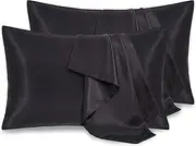 P Pothuiny 4 Pack Satin Pillowcase for Hair and Skin Queen, Black Silk Pillowcase Set of 4, Smooth Silky Pillow Covers for Women, with Envelope Closure (20x30 Inches)