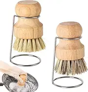 Bamboo Palm Brush, 2PCS Bamboo Dish Pot Pan Brushes, Wooden Washing up Brush with Drain Racks for Washing Cutlery Cast Iron Pots Pans Vegetable Sinks