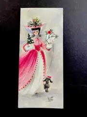 VTG Unused Xmas Greeting Card Pretty Lady In Pink W Dog Holding Tiny Tree & Gift