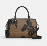 NWT Coach CY650 Rowan Satchel Bag In Signature Canvas With Bow Print Tan Black
