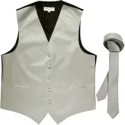 New Men's Formal Tuxedo Vest Waistcoat_1.5" skinny Necktie silver prom