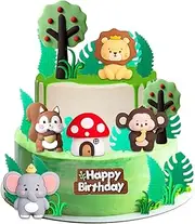 26PCS Safari Cake Decorations, Jungle Wild Cake Toppers with Leaves, Birthday Cake Toppers Party Decorations, Animal Theme Happy Birthday Decorations