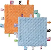 CREVENT Tag Security Blankets for Babies, Soft Small Loveys for Boys, Baby Comforter Sensory Blanket, Great Gifts for Birthday Baby Shower 24.5X24.5CM (Blue+Orange Tag, Twin)