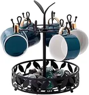 [HHWRT] Mug Tree Holder, Rotatable Metal Coffees Mug Rack, Mugs Trees Countertop, Mug Holders Stand with 6 Hooks, Coffee Mugs Holders with Coffees Pod Basket Storage, Rotatable 6-Capacity Cup Holder