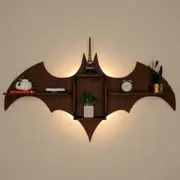 22 Inch Brown Color Bat Shape Backlit Wooden Wall Shelf in Walnut Finish
