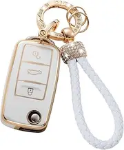 Gematay VW Volkswagen Key Fob Cover with Keychain Lanyard, Soft TPU Protector for Jetta Golf Polo MK7 Passat Beetle Smart Key Case, White & Gold