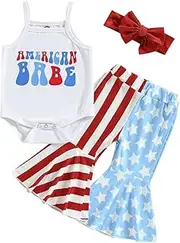 [Ayalinggo] Newborn Baby Girl 4th Of July Clothes Set Red Sleeveless Tops American Flag Pattern Bell Bottom Pant Summer Outfit