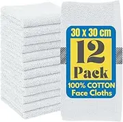 Symphony Flannel Face Cloth 12 Pack Washcloths Set for Sensitive Skin-Reusable Face Towels (30x30cm) for Unisex Adult Spa Gym Sport Beauty, Premium Quality Fingertip Towel, White