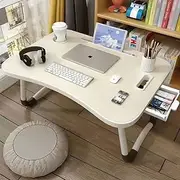 Hbluefat Folding Lap Desk with Storage Drawer, 23.6In Portable Wood Laptop Bed Tray Table with Cup Holder and Carry Handles, for Working Reading,Writing, Eating, for Sofa Couch Floor (Maple)