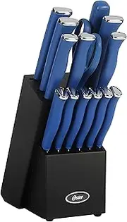 [Oster] Langmore 15 Piece Stainless Steel Cutlery Knife Block Set W/Black Box – Classic Blue Handles