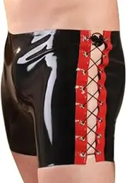 [DAIJES] Black and Red Sexy Long Leg Latex Boxer Shorts with Lacing at Two Sides Back Rubber Boyshorts Bottoms
