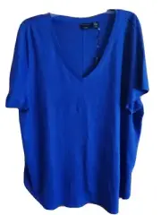 Tahari 100% Linen Plus Size Women's V-Neck Short Sleeve Top Navy Blue SZ 2X New