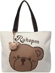 [Generic] Canvas Tote Bag with Bear Design and Plush Charm Canvas Tote Bag, White and Brown