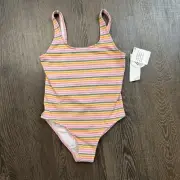 Roxy Girls Swimsuit Size 12 One Piece Low Back Striped Beach Colorful NEW