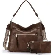 Hobo Bags for Women,Medium Vegan Leather Handbag with Wallet Pouch Set Coffee