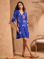 Love & Roses Cobalt Blue Floral Printed V-Neck Tea Mini Dress (AU9970) | $129