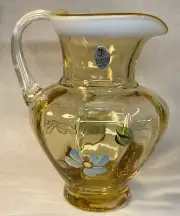 Fenton Art Glass Hand Painted Blue Daisy On Silken Sand Opalescent Pitcher