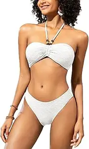 [SHEKINI] Women's Halter Bandeau Bikini Set Beaded Tie Back String Beach Swimwear Two Piece Swimsuit Bathing Suits, White, S