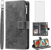 Phone Case for Google Pixel 9 Pro XL Wallet Cover with Tempered Glass Screen Protector Wrist Strap Mandala Flower Leather Flip Zipper Cell Pixel9 9Pro 9ProXL Nine Women Men Grey