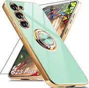 [Aitipy] for Samsung Galaxy S23 Plus Case with 1 Screen Protector, Built-in 360° Rotation Ring Holder Magnetic Stand, Luxury Shiny Plating Edge Shockproof Electroplated Protective Cover (Mint/Golden)