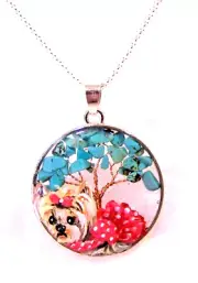 hand painted Yorkie gemstone tree .925 solid sterling silver 18" chain