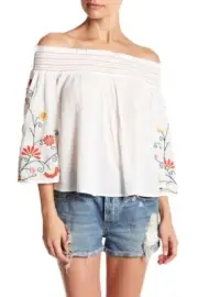 Wild Pearl XL White Embroidered Off Shoulder Woven Smocked Top NWT