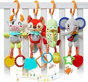 TUMAMA KIDS Baby Soft Hanging Rattle Toys Gift Set Sensory Animals Rattle Toy Car Seat Stroller Cot Pram Activity 0, 3, 6, 9, 12 Months Newborn Toddler Birthday Gifts(4 Pack)