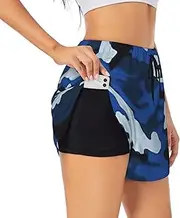 [WURTON] Blue Camo Print Exercise Gym Workout Shorts Women's Athletic Shorts Dual-Layered Yoga Running Shorts