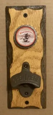 Winchester Firearms logo wall mount bottle opener solid oak