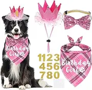 JOTFA Dog Birthday Party Supplies, Multi Sizes Dog Birthday Hat Crown with Numbers Bandana Girl Bow Tie for Medium Large Dogs Pets (Pink, Large)