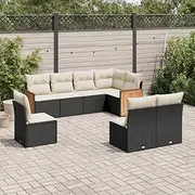 8 Piece Garden Sofa Set with Cushions, Black Poly Rattan - Patio Furniture Outdoor Chairs & Table, Small Balcony Clearance Sets, Wicker Conversation Bistro Sale, Porch para, Includes