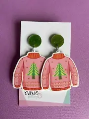 Christmas Dangle Earrings, Ugly Sweater Jumper, Green Acrylic, Pink Xmas Pattern