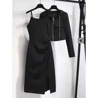 在飛比找蝦皮商城精選優惠-S-XL韓版早秋季新款洋裝裙套裝連帽長袖小外套上衣+吊帶洋裝