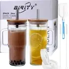 24oz Ribbed Glass Cup with Lids and Straws,2Pack Glass Tumbler with Handle,Re...