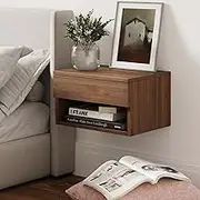 Nathan James Jackson Wall Mounted Floating Bedroom Nightstand with Storage Drawer and Modern Open Shelf Cubby, Dark Brown Walnut