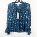 SHOW ME YOUR MUMU Elton Peasant Teal Polka Dot Sheer Blouse, Size Small