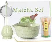 Matcha Whisk Set - 5 Piece Set Includes 17oz Matcha Bowl with Spout, Chasen Bamboo Whisk with Ceramic Stand, Matcha Spoon and Stainless Sieve, Matcha Kit for