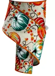 Fall Pumpkins Bittersweet 2.5" by 3 yd Wired Ribbon Orange Teal Thanksgiving