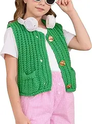 [Flygo] Girls Sweater Vest Chunky Button Down Crochet Knit Cardigan Trendy Sleeveless Sweaters Top with Pockets 5-14 Years