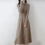 Long-Sleeve Crew Neck Plain Knit Midi A-Line Dress Light Camel - One Size