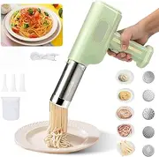 Electric Pasta Machine, Portable Noodle Press with 2600 mAh Battery, 5 Pasta Moulds, 3 Sausage Heads, Spatula and Measuring Cup, Automatic Pasta Machine