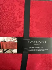 TAHARI 60"x144” Red Tablecloth and 12 Napkins Scallop Edge entertaining set New