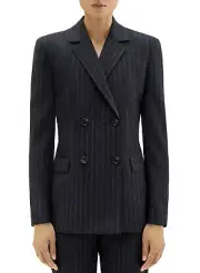 Theory Womens Slim Double-Breasted Wool Flannel Pinstripe Blazer 10 Charcoal NWT