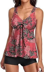 [Generic] Woman's Bathing Suits with Shorts Suitable Swimwear for Women Two Piece Flowy Tankini Swimsuits with Boyshorts U Neck Swim Tank Tops Bathing Suits 2 Piece Swimwear Swim Top Women Crop (Red-A, M)