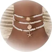 [LANWLOSI] 3 Pcs Shell Anklets Bracelets for Women Summer Sea Shell Starfish Ankle Bracelet Set Adjustable Handmade Boho Beaded Anklets Beach Surfer Foot Jewelry Accessories
