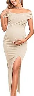 [AISWI] Off Shoulder Maternity Sparkly Split Dress Stretchy Fitted Pregnancy Dresses Semi Formal Baby Shower Photoshoot