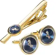 DRBASJHFO Necktie Bar Pinch Clip,Classic Tie Clips, Gold Horse Cufflinks Necktie Clip for Tie Pin for Mens Gift Classic Pattern Tie Bar Cufflinks Tie Clip Set